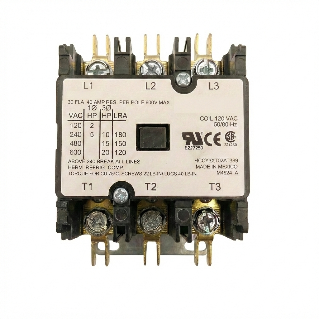 Electrical contactor with specifications on a white background