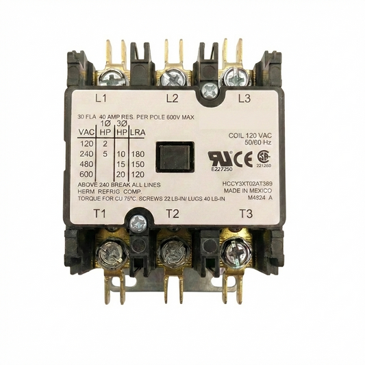 Electrical contactor with specifications on a white background