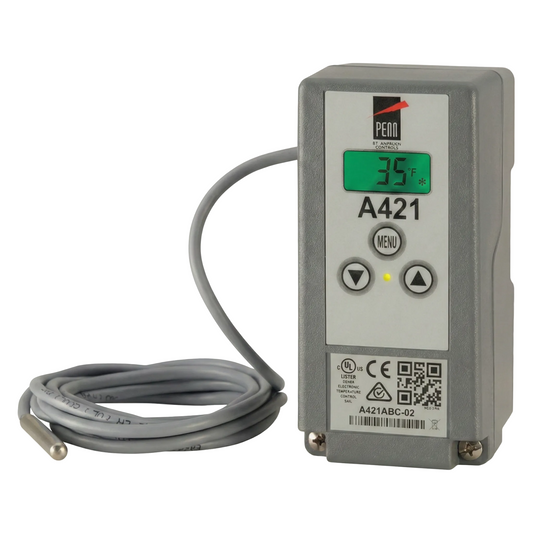 Temperature controller with digital display and cable on a white background