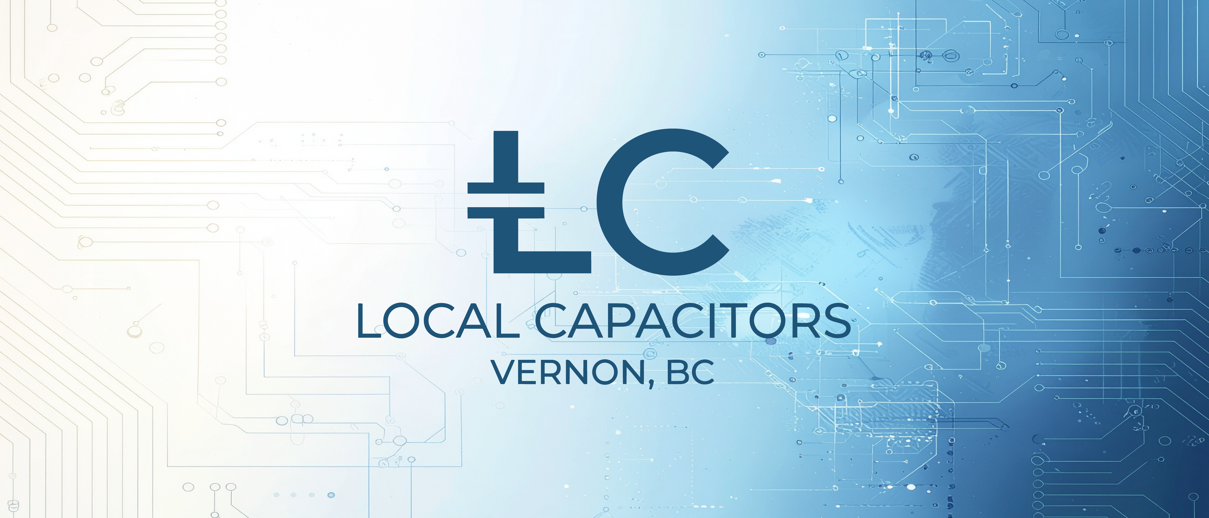 Logo and text for 'Local Capacitors' with a circuit board design on a blue background