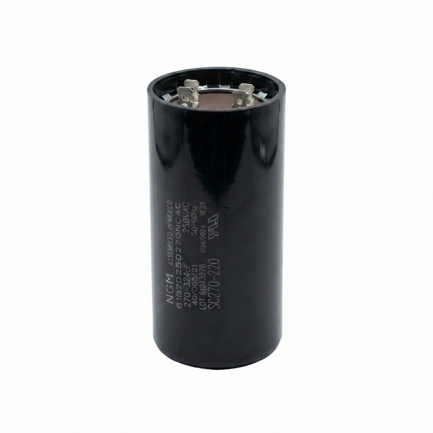 Black cylindrical capacitor on a white background