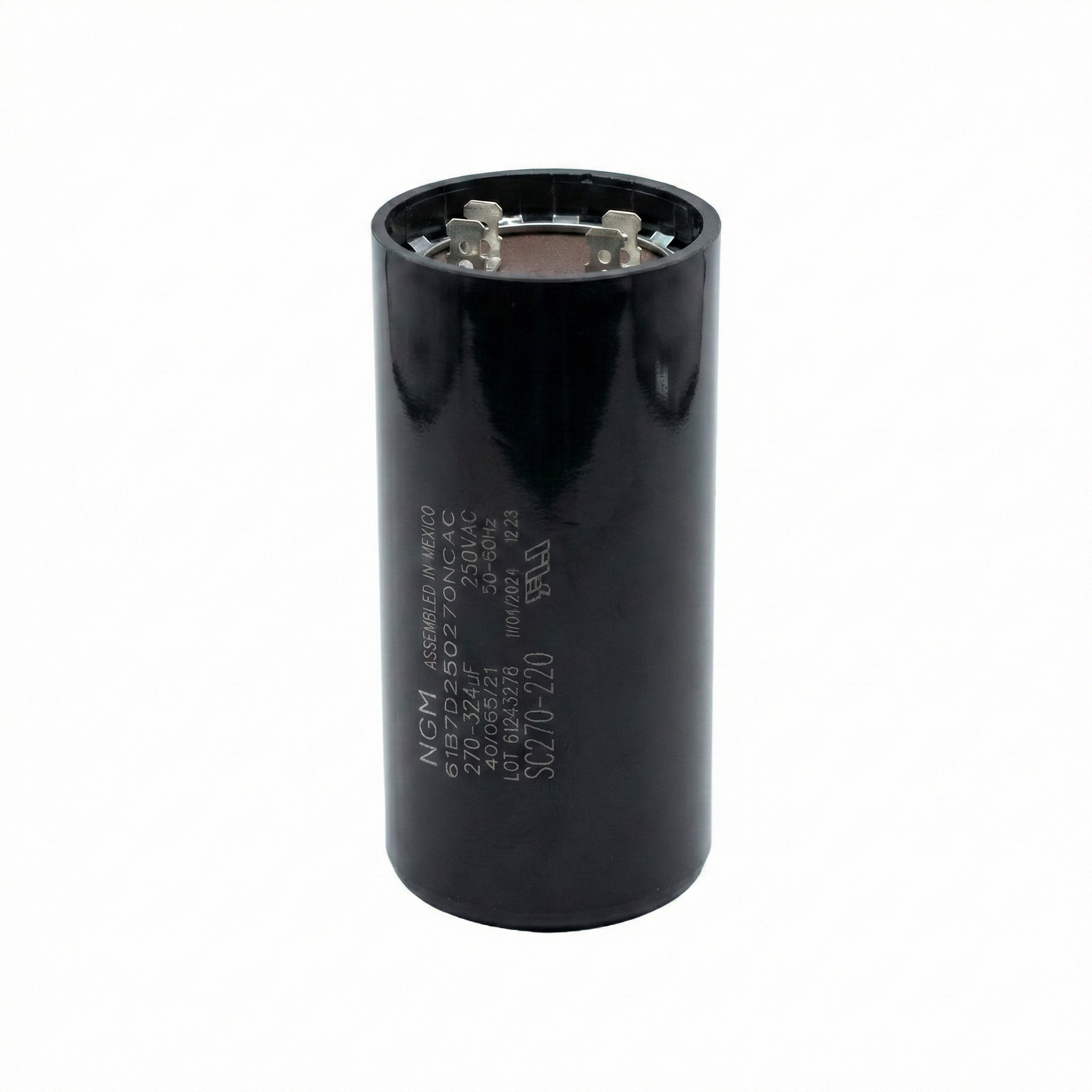 Black cylindrical capacitor on a white background
