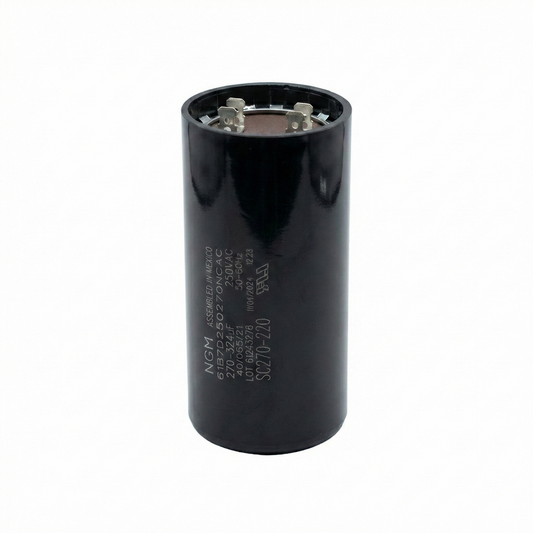 Black cylindrical capacitor on a white background