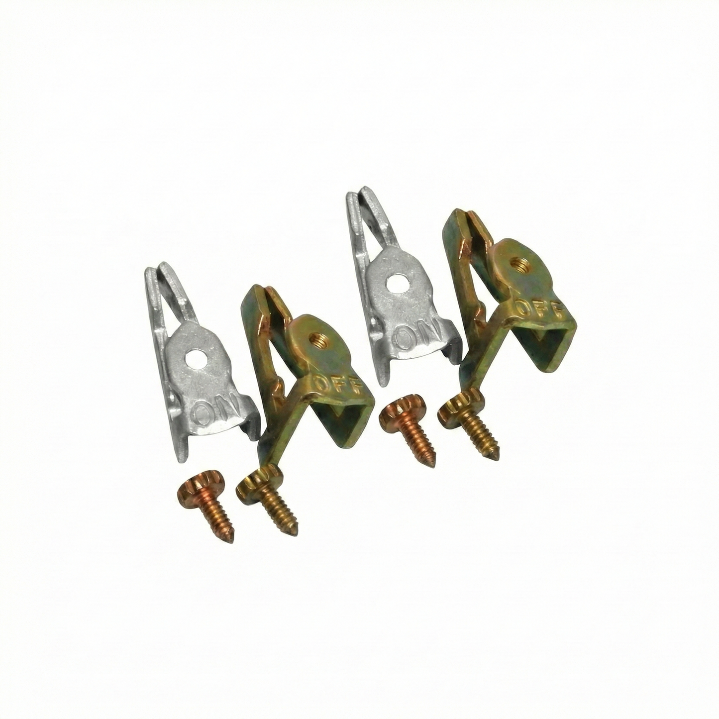 Metal clamps and screws on a white background