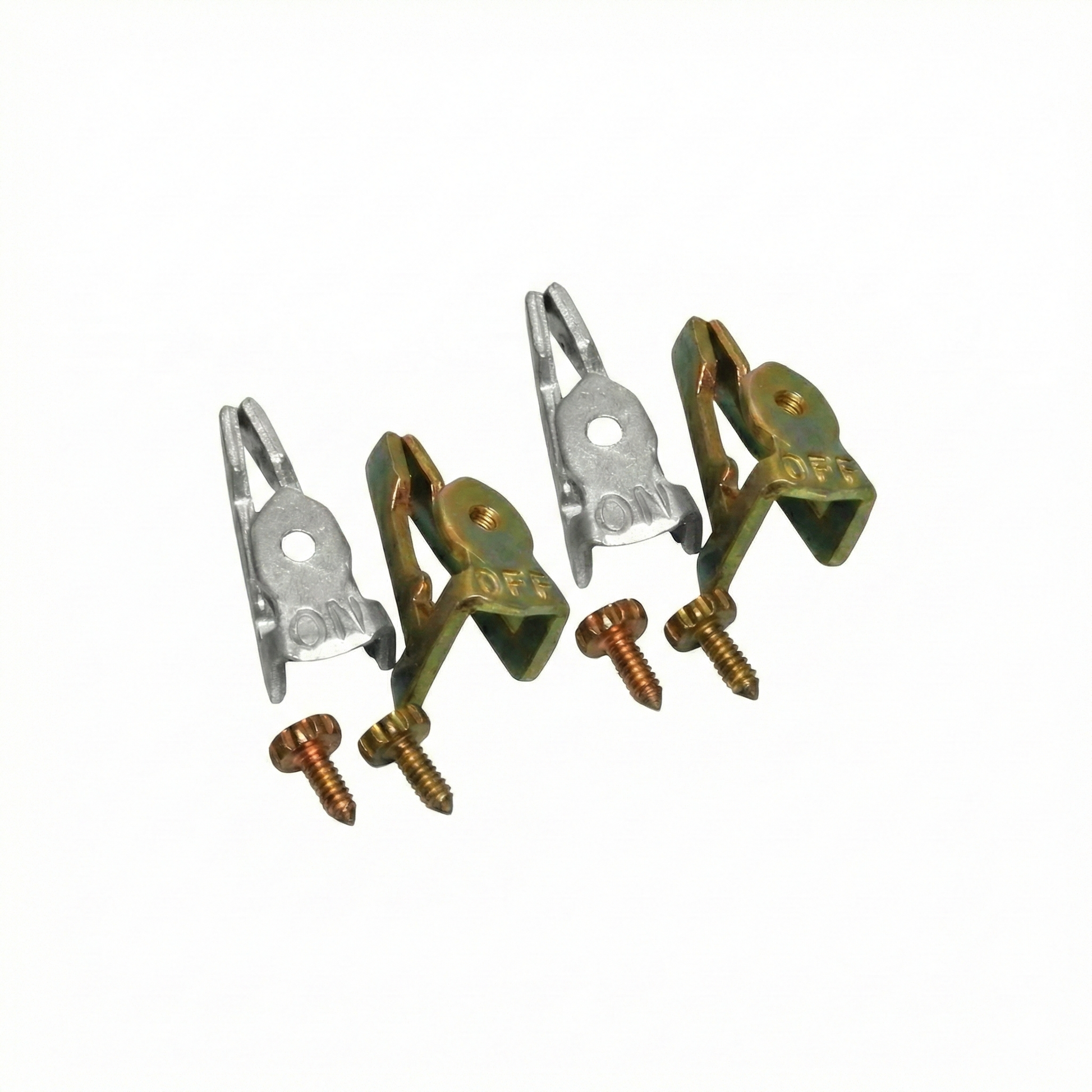 Metal clamps and screws on a white background